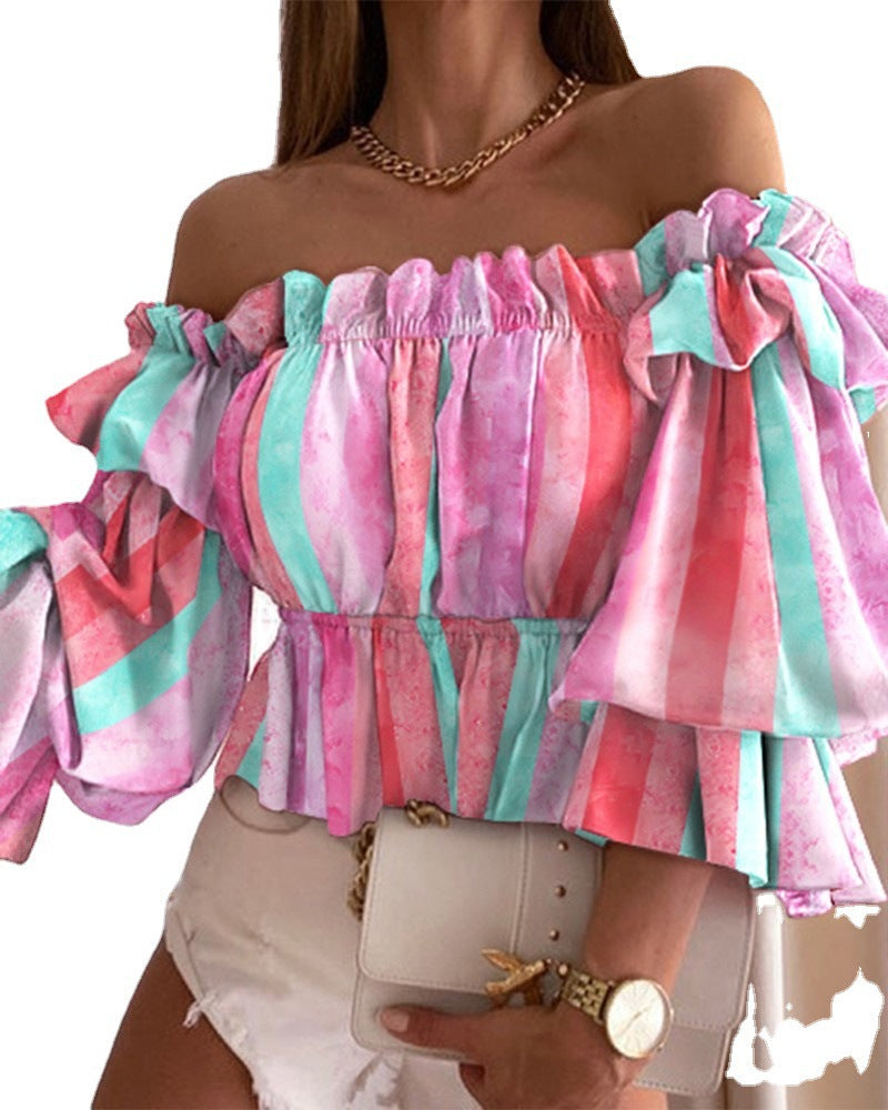 Women's Off-Shoulder Blouse with Voluminous Sleeves and Floral Pattern Ivyshape
