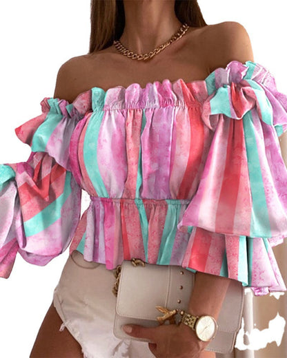 Women's Off-Shoulder Blouse with Voluminous Sleeves and Floral Pattern Ivyshape