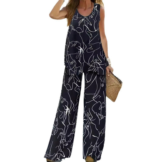 Women Abstract Lines Print Two-Piece Lounge Set Ivyshape