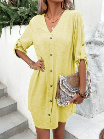 Women's Short Sleeve Shirt Dress with Button Placket and Casual Cut Ivyshape