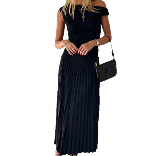 Ladies Off-Shoulder Pleated Maxi Skirt Set Ivyshape