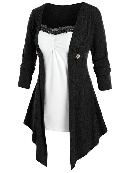 Women Open Cardigan with Asymmetrical Hem and Button Detail Ivyshape