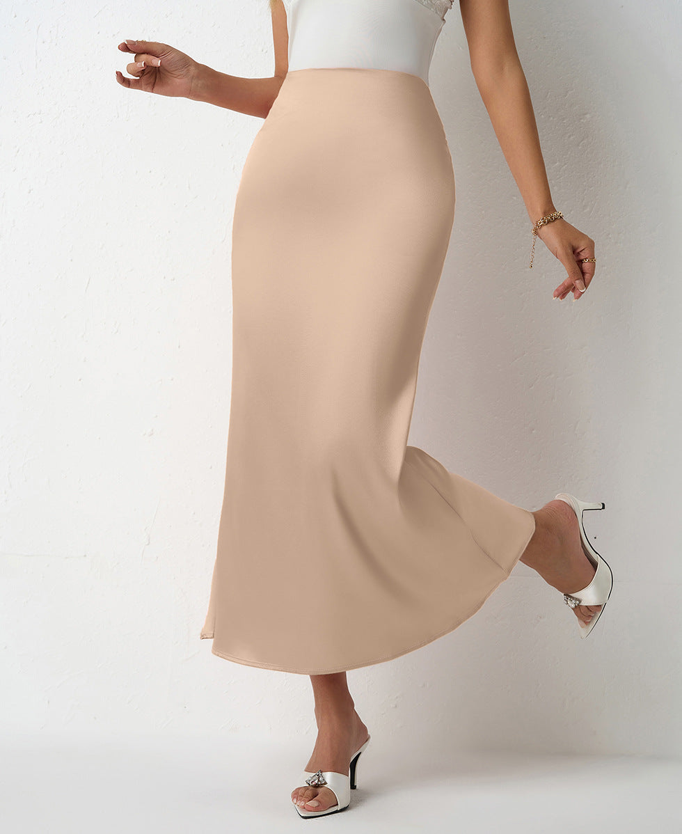 Ladies satin maxi skirt with elegant silhouette and high waistband Ivyshape