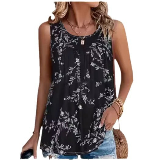 Ladies floral print sleeveless blouse Ivyshape