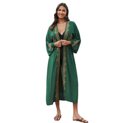 Ladies elegant beach kimono with intricate embroidery and deep V-neck Ivyshape