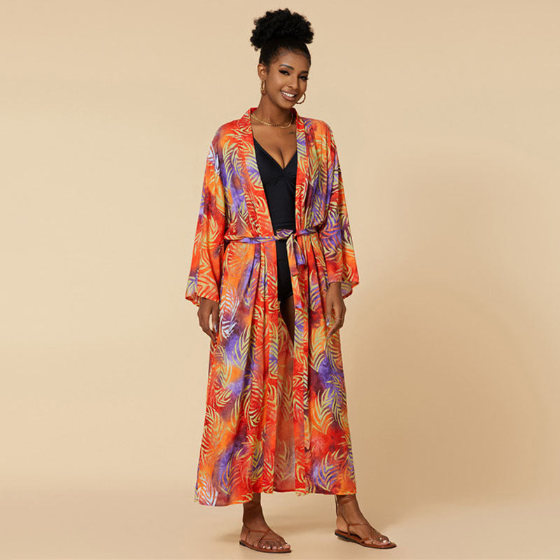 Ladies luxurious beach kaftan with elegant palm pattern and tie belt Ivyshape