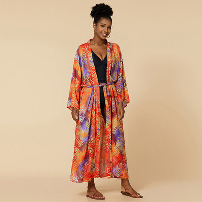 Ladies luxurious beach kaftan with elegant palm pattern and tie belt Ivyshape