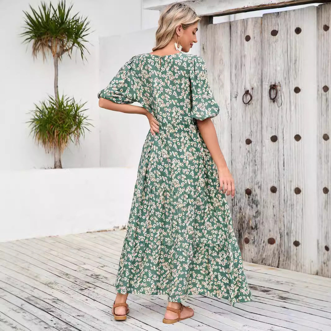 Women's maxi dress with floral design and airy puff sleeves Ivyshape