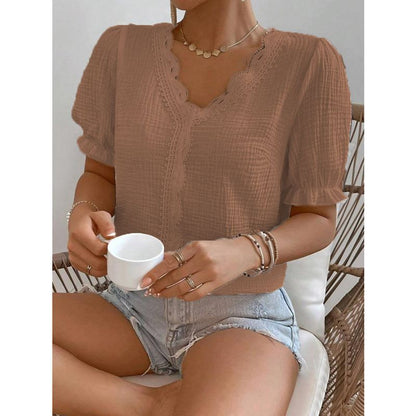 Ladies relaxed V-neck blouse with ruffle details Ivyshape