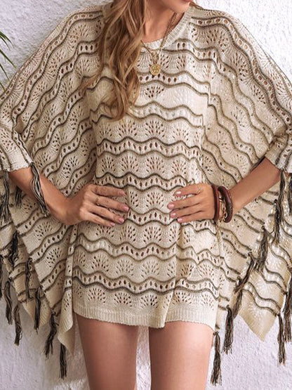 Ladies airy crochet poncho with frayed design Ivyshape