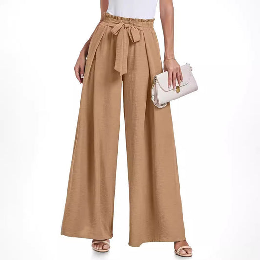 Ladies Wide High Waist Pants with Tie Belt and Elegant Style Ivyshape
