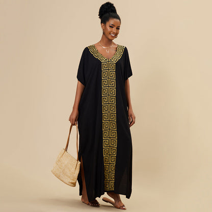 Ladies beach dress with elegant geometric embroidery and deep V-neck Ivyshape