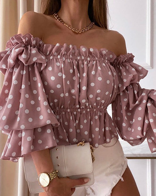 Women's Off-Shoulder Blouse with Voluminous Sleeves and Floral Pattern Ivyshape