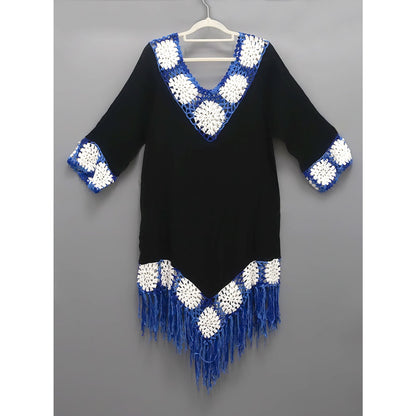 Ladies airy beach tunic with fringed details and crocheted pattern Ivyshape