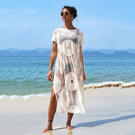Ladies Transparent Crochet Beach Robe with Floral Pattern Ivyshape