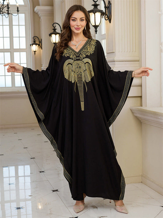 Women's Elegant Kaftan with Intricate Elephant Embroidery and Wide-Swinging Sleeves Ivyshape