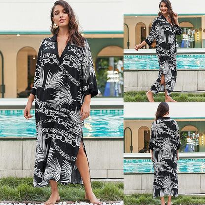 Women's casual beach cover-up in graphic design with deep V-neck and side slits Ivyshape