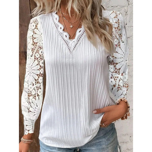 Women's blouse with elegant lace sleeves and longitudinal ribbed structure Ivyshape
