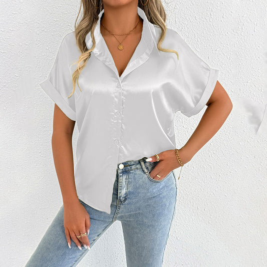 Women's short-sleeve blouse made of high-quality satin with folded collar and button placket Ivyshape
