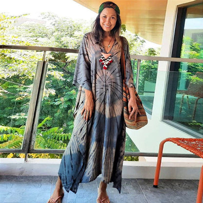 Women's kaftan with timeless batik pattern and elegant V-neck Ivyshape