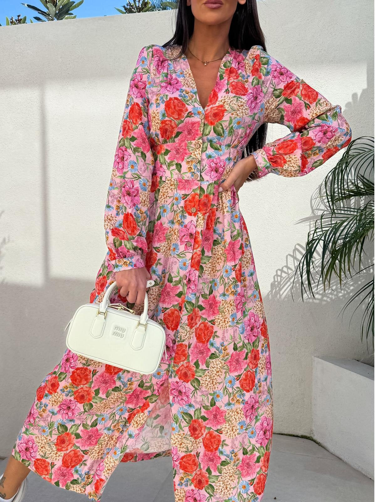 Ladies Midi dress with button details and voluminous sleeves Ivyshape
