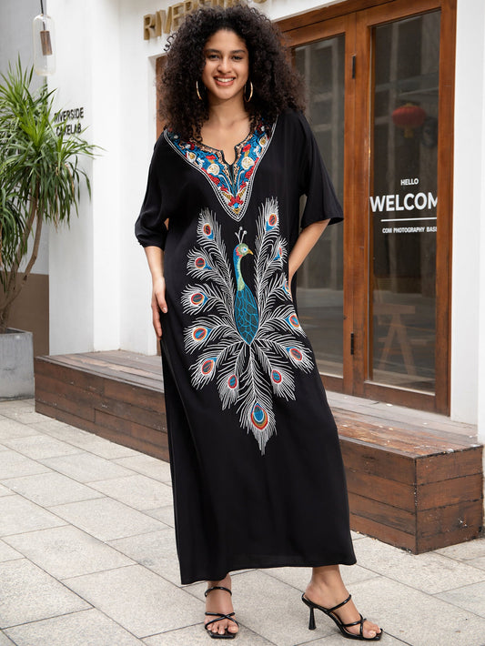 Women's versatile maxi dress with artistic peacock motif Ivyshape