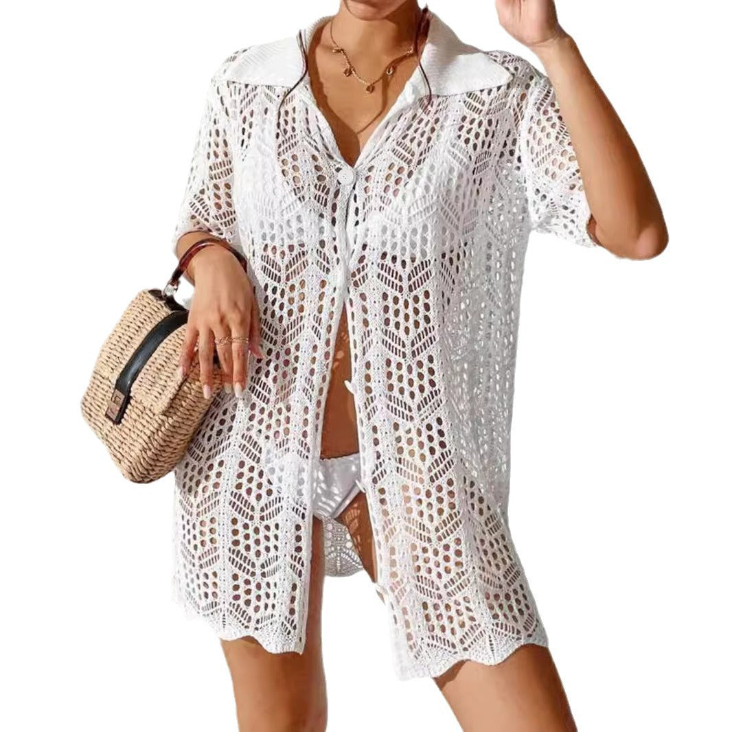 Women's crocheted beach cover-up jacket with a loose fit and trendy design Ivyshape