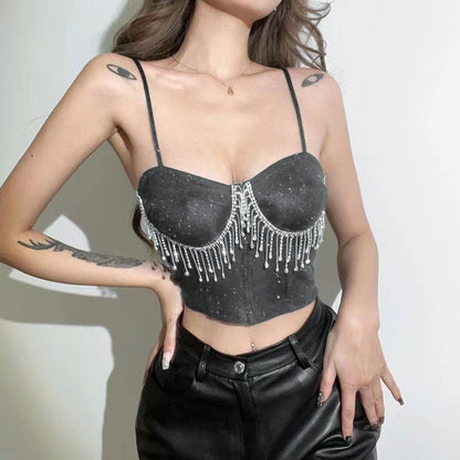 Women's Sparkling Off-Shoulder Crop Top with Bead Embellishments Ivyshape