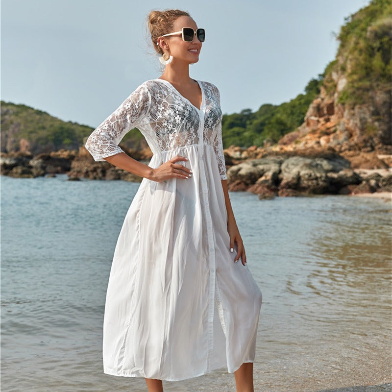 Women's elegant beach cover-up with romantic crochet accents and airy silhouette Ivyshape