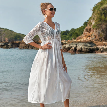 Women's elegant beach cover-up with romantic crochet accents and airy silhouette Ivyshape