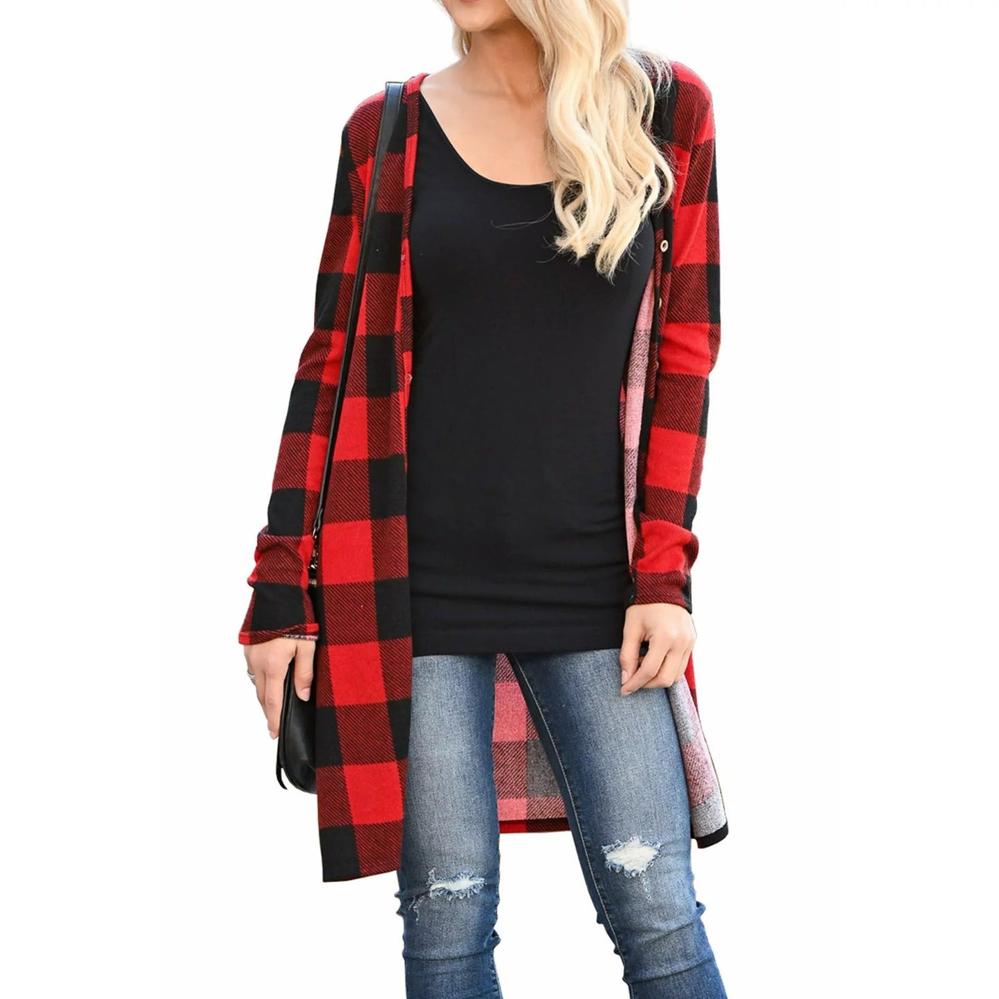 Ladies Long Cardigan with Check Pattern and Practical Closure Ivyshape