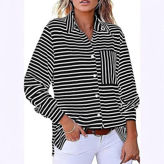 Women Casual Striped Blouse with Pocket and Button Placket Ivyshape