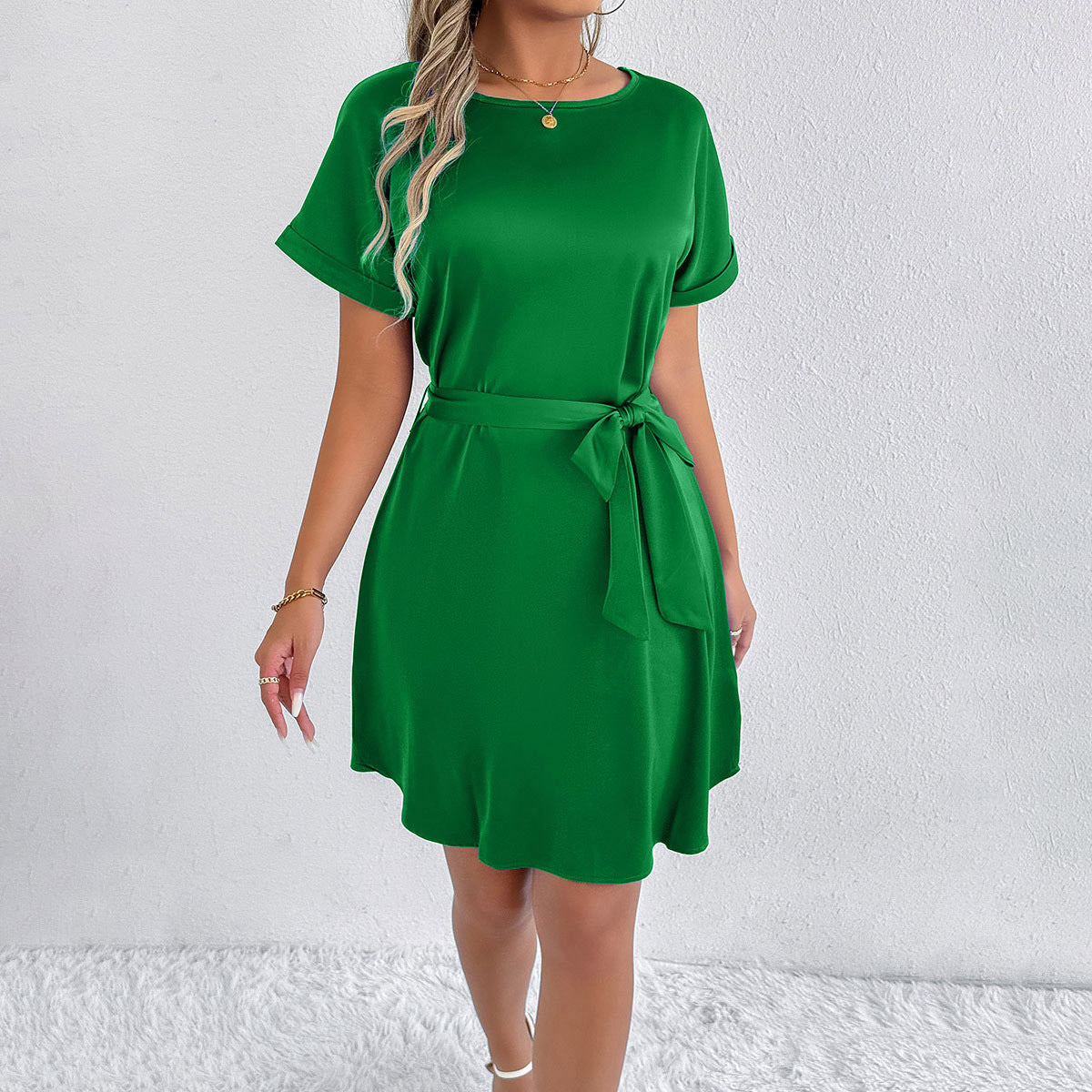 Women’s casual summer dress with fixed waist belt and short sleeve design Ivyshape