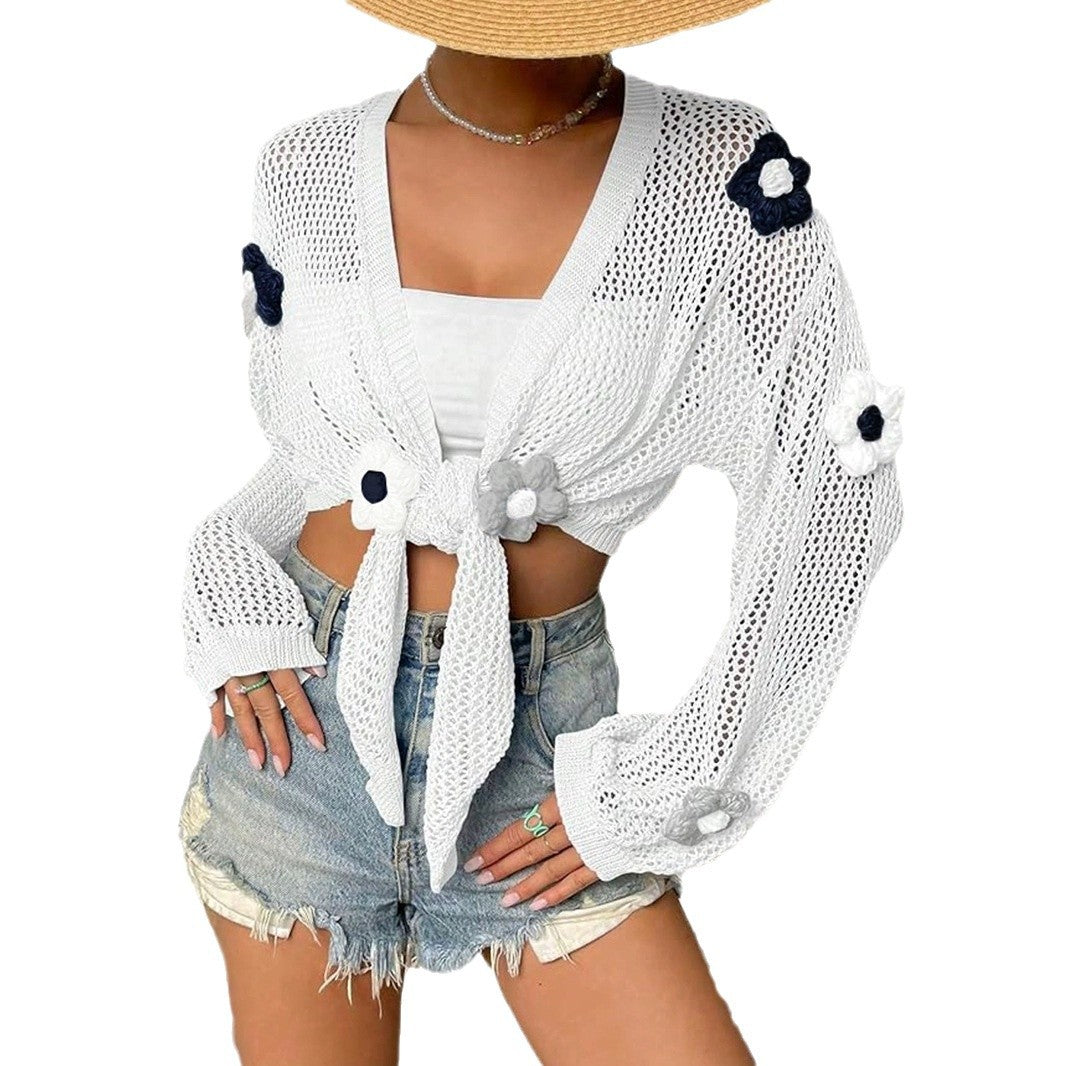 Ladies airy knitted cardigan with floral design and tied hem Ivyshape