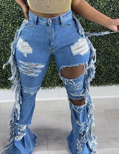 Ladies distressed wide-cut denim jeans with fringe details Ivyshape