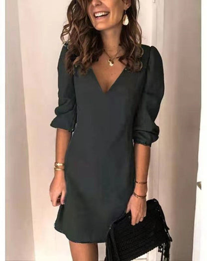Ladies elegant V-neck short dress with puff sleeves Ivyshape