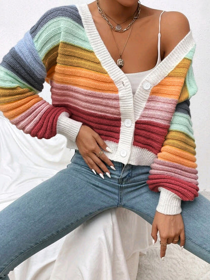 Women's fashionable, multicolored short knitted cardigan with voluminous sleeves and button placket Ivyshape