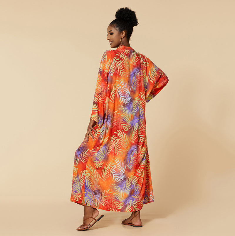 Ladies luxurious beach kaftan with elegant palm pattern and tie belt Ivyshape