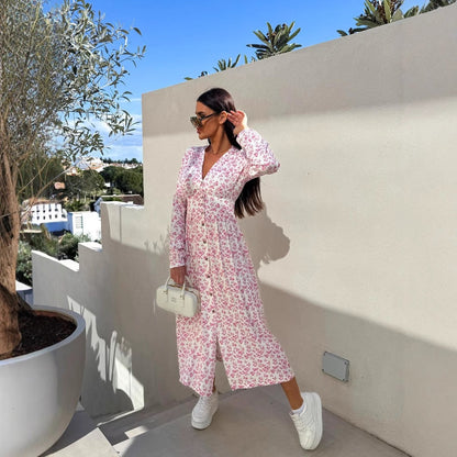 Ladies Midi dress with button details and voluminous sleeves Ivyshape