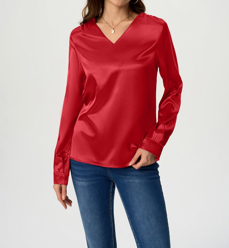 Ladies elegant V-neck satin top with long sleeves Ivyshape