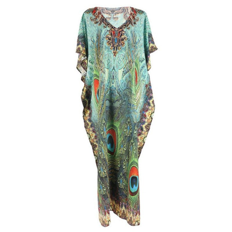 Ladies Kaftan with artistic peacock motif Ivyshape