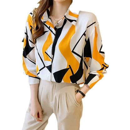 Ladies Fashion Blouse with Geometric Pattern and Elegant Button Placket Ivyshape