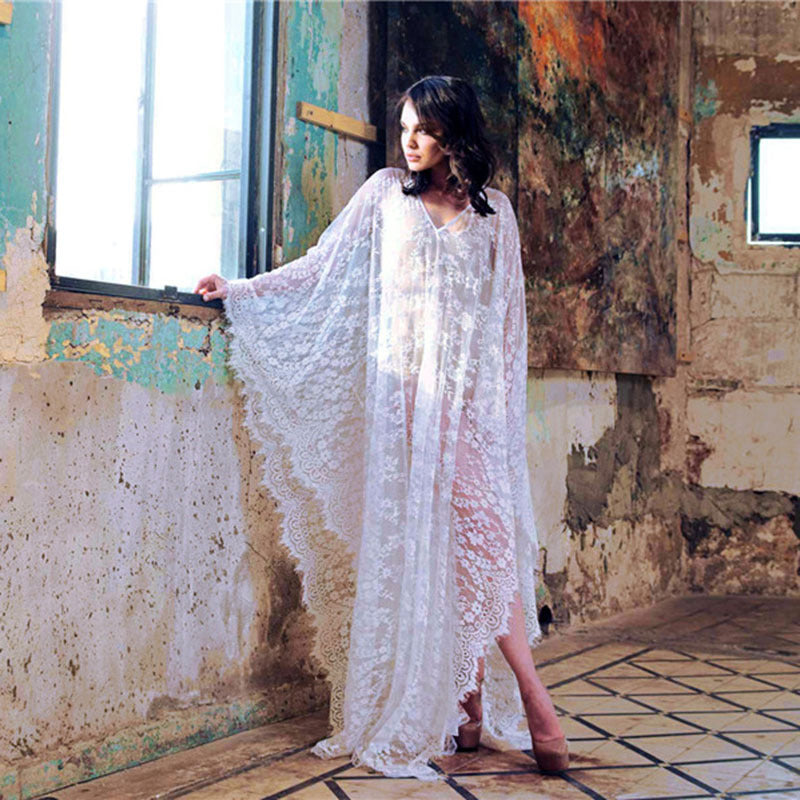 Ladies Elegant Lace Beach Robe with Wide Cut Sleeves and Deep V-Neck Ivyshape