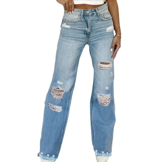 Ladies High-Rise Destroyed Wide Jeans Ivyshape