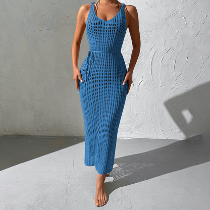 Ladies crochet stand-up dress with deep V-neck and side slits Ivyshape