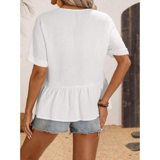 Ladies V-neck blouse with button detail and ruffled hem Ivyshape