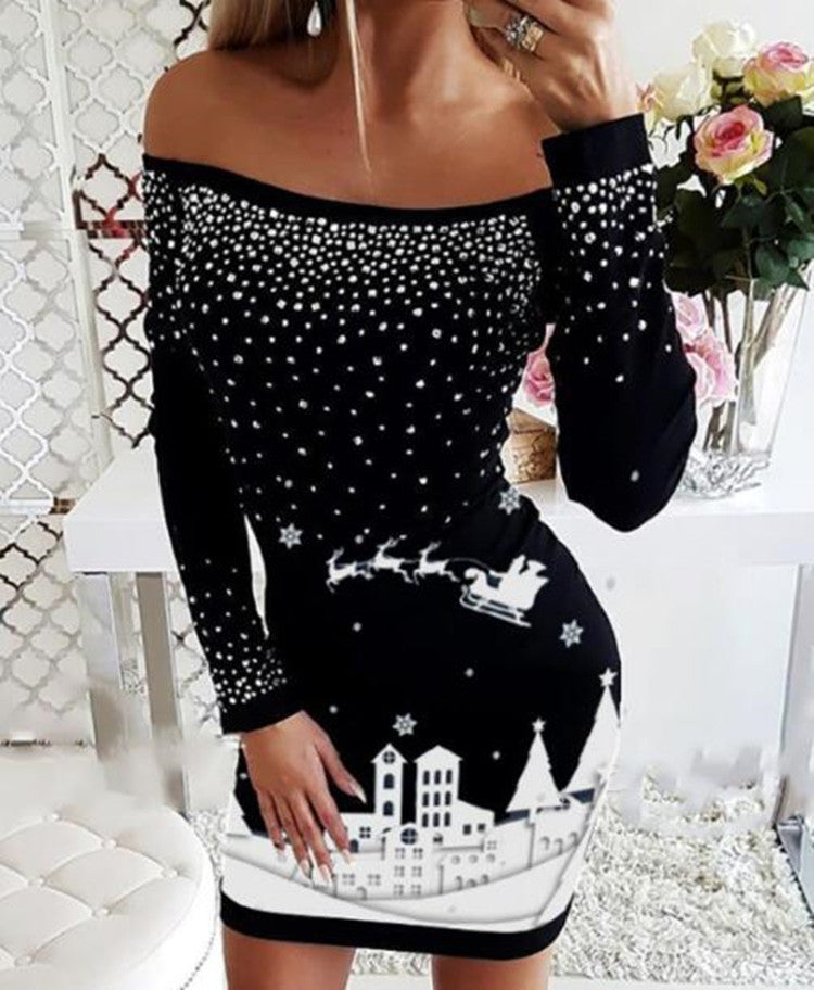 Women's Off-Shoulder Christmas Dress with Sparkling Appliques and Festive Print Ivyshape