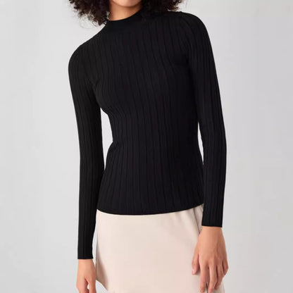 Women's elegant and versatile ribbed sweater with stand-up collar and long sleeves Ivyshape