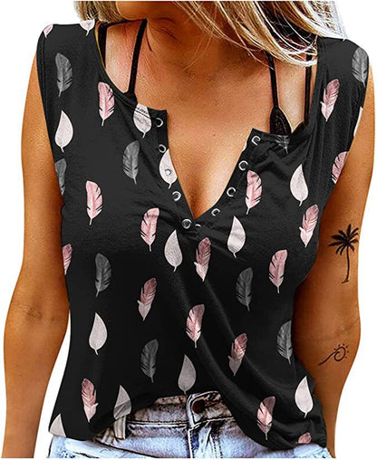 Women's Button Placket T-Shirt with Feather Pattern Ivyshape