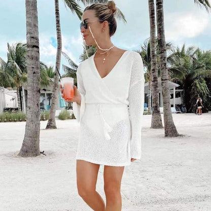 Ladies elegant beach dress with deep V-neck and long sleeves Ivyshape